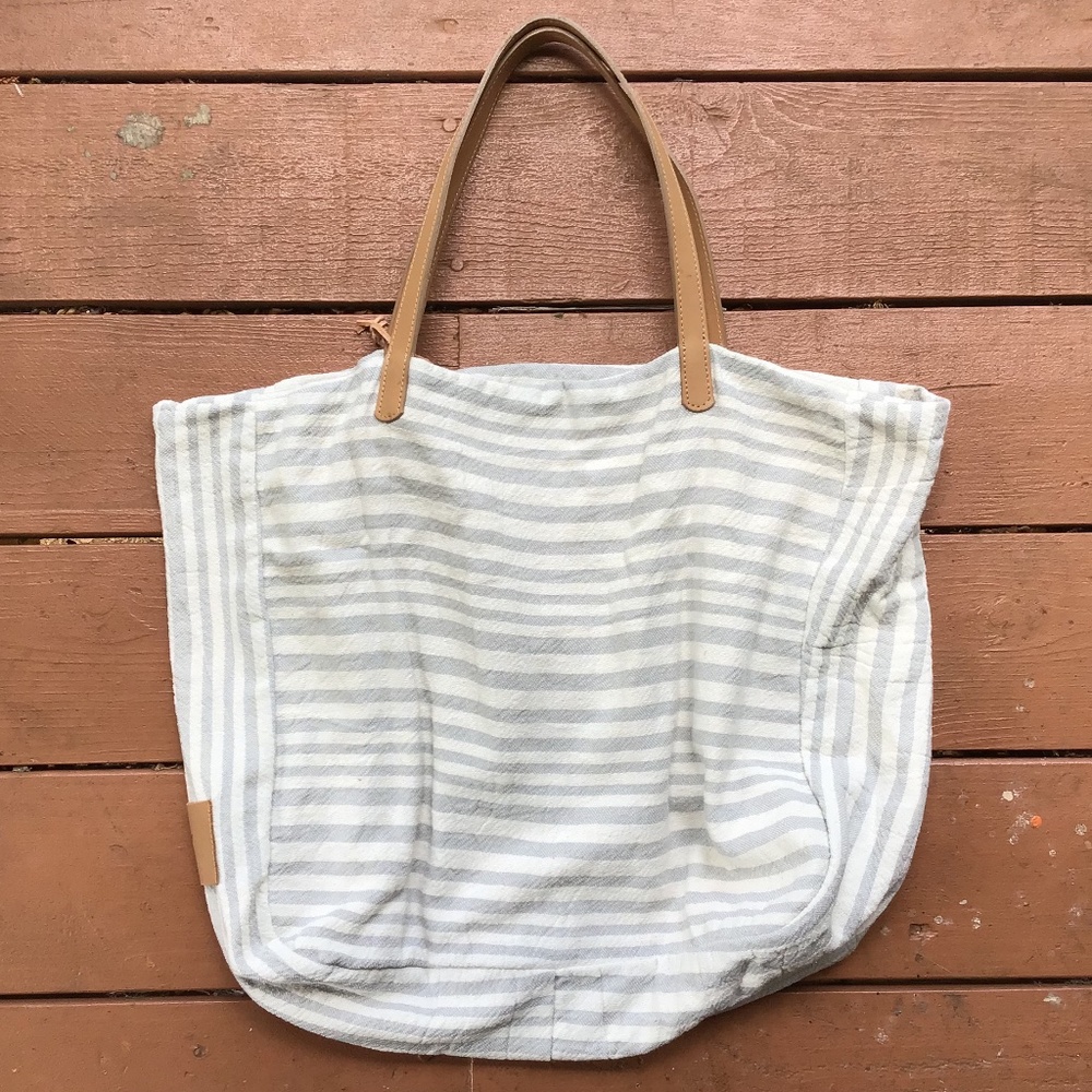Canvas Striped Tote Bag with Tan Handles